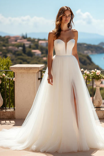 Strapless Simple Tulle A Line Ivory Wedding Dress with Slit
